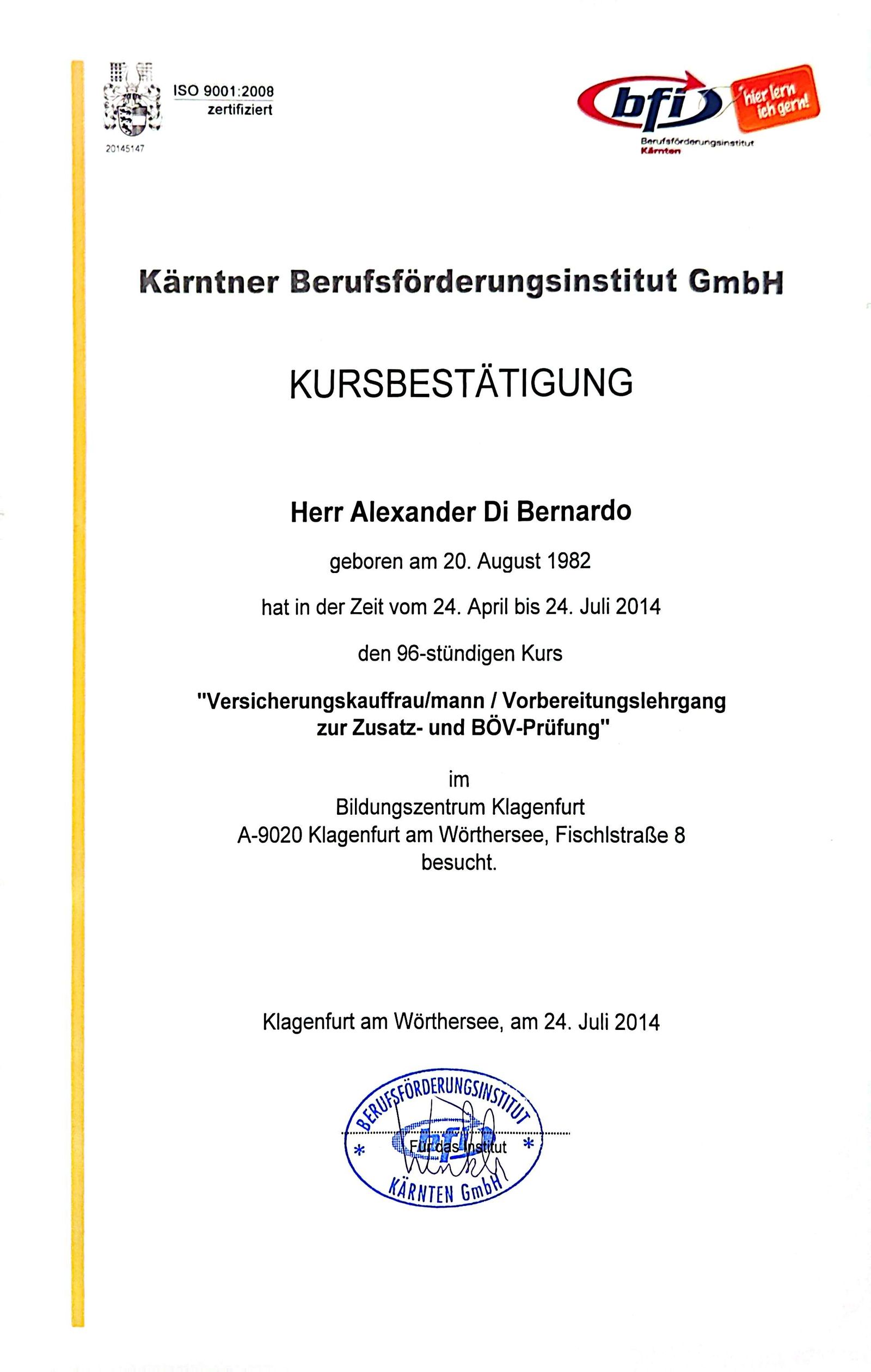 BFI Kärnten Kursbestätigung Versicherungs-kaufmann/BÖV Zusatzprüfung