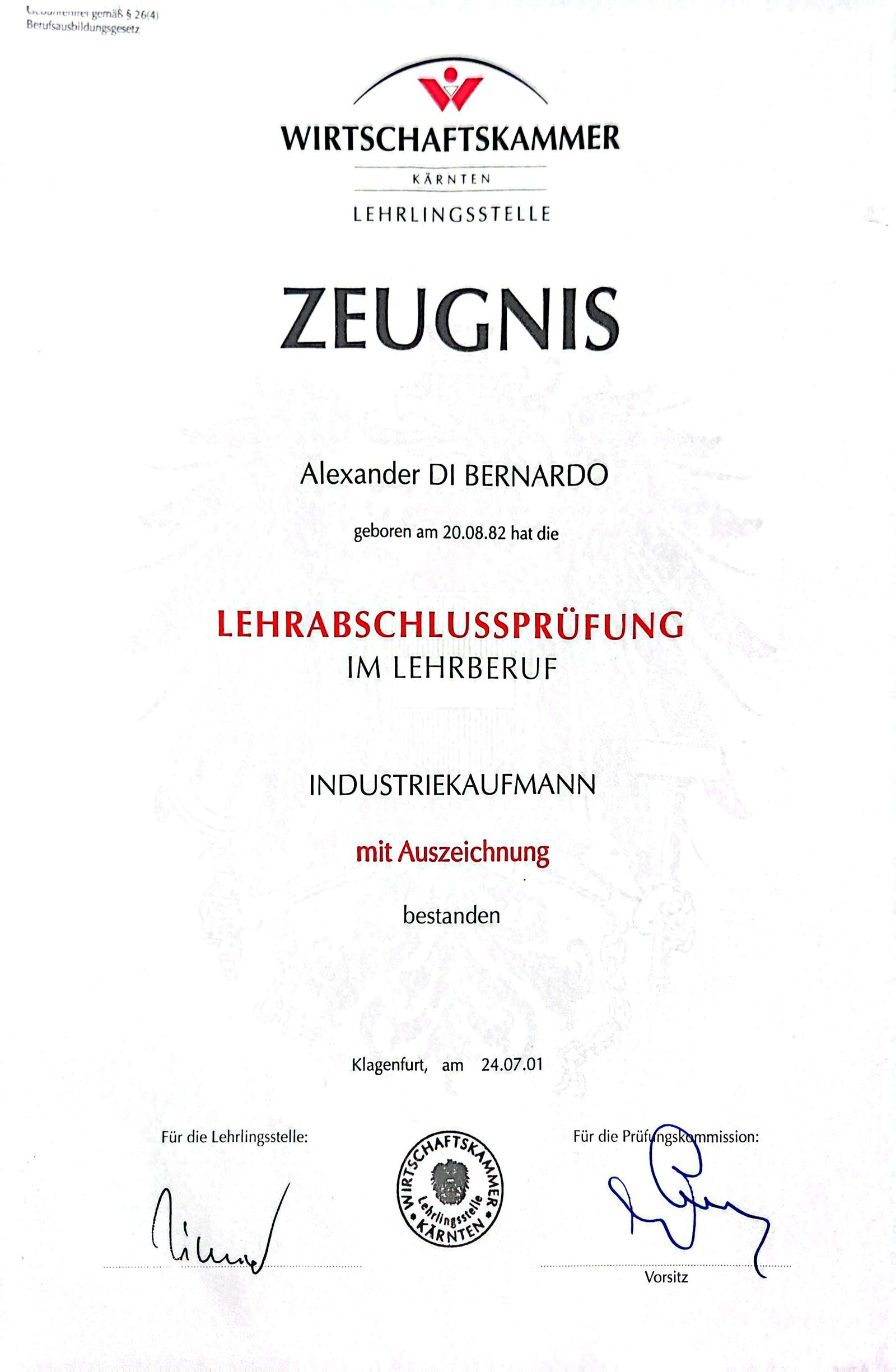 LAP-Zeugnis Industriekaufmann vom 24.07.2001 mit Auszeichnung
