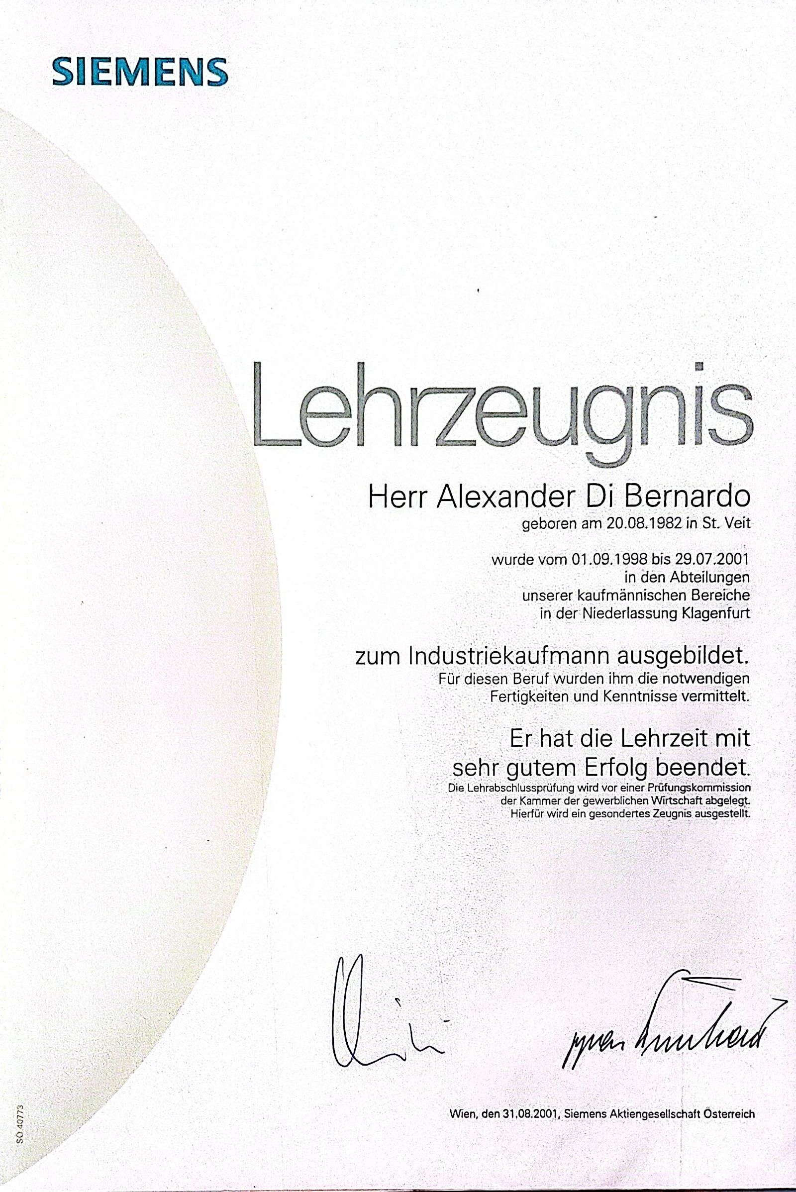 Siemens Lehrzeugnis 31.08.2001 – Lehrzeit mit sehr gutem Erfolg
