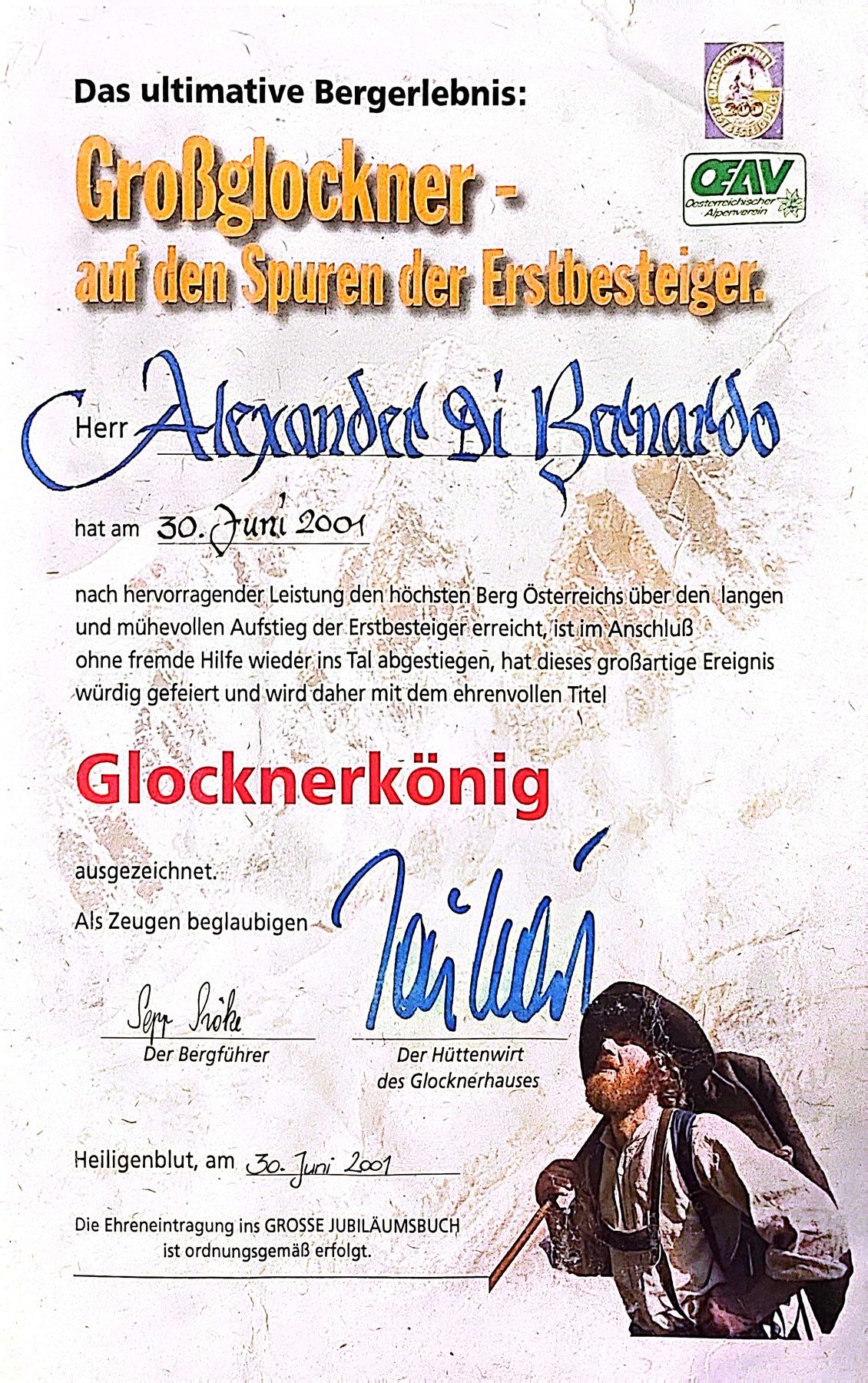 Urkunde Glocknerkönig für Großglockner-Besteigung